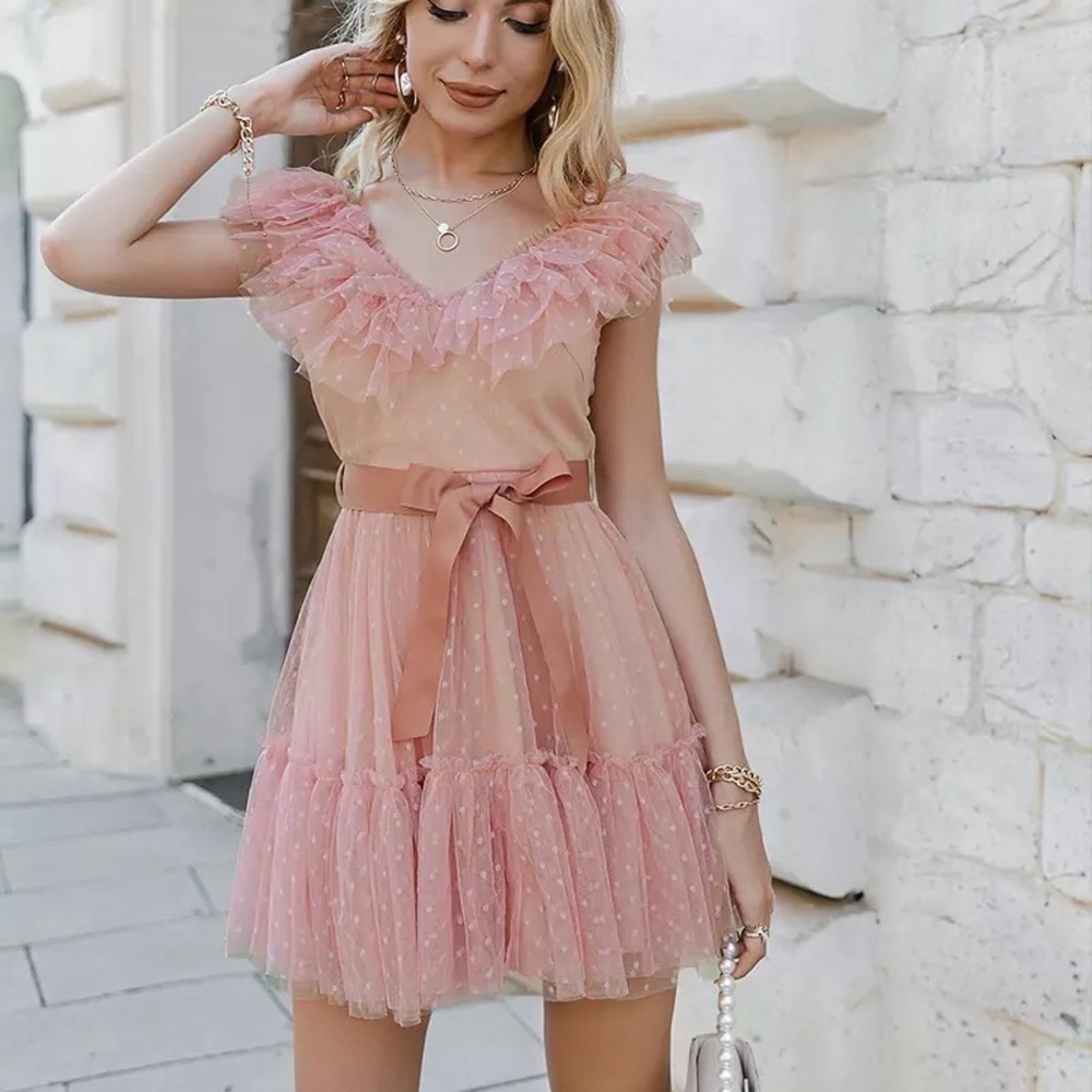 polka dot ruffle A-line v-neck tulle dress lace sleeveless party lace dress - Picture 16 of 16
